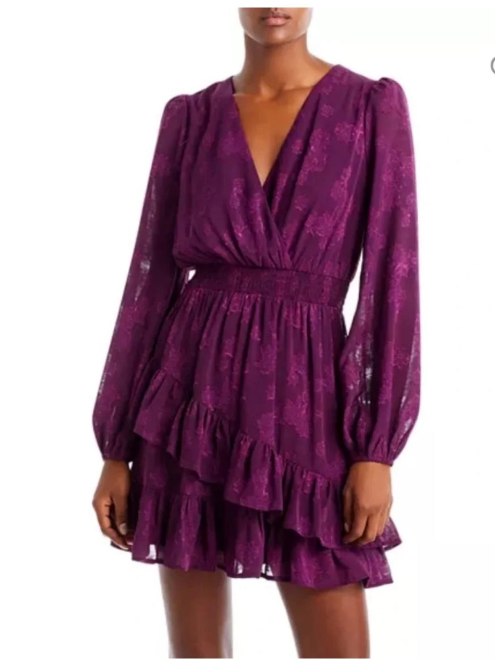 Aqua XS Mini Dress Purple Floral Long-Sleeve V-Neck Tiered Skirt Romantic Fall